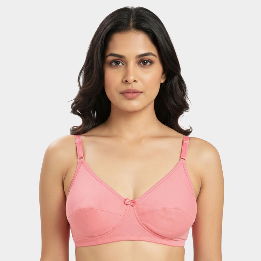Women's Pink Cotton V-Neck Wireless Non-Padded Bra, Coral, large