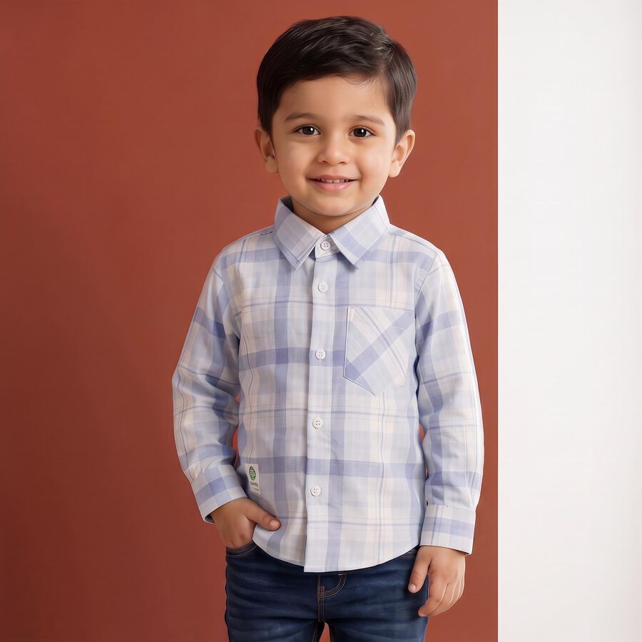 Boys' Light Mid Blue Checked Casual Shirt, Mid Blue, large