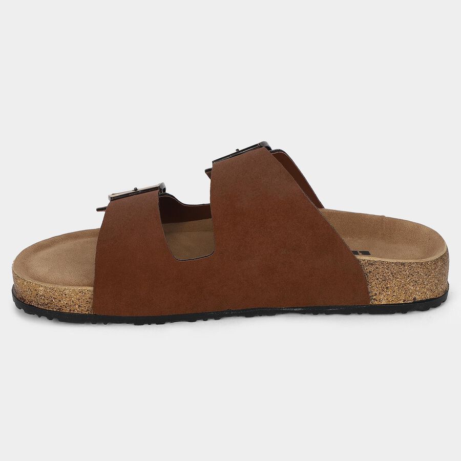 Men's Brown Double Buckle Slide Sandals, भूरा, large