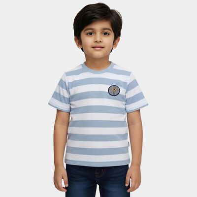Boys' Light Blue Cotton Blend Round Neck Striped T-Shirt