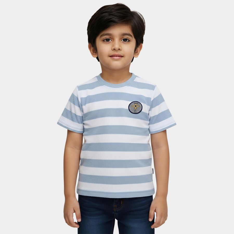 Boys' Light Blue Cotton Blend Round Neck Striped T-Shirt, हल्का नीला, large