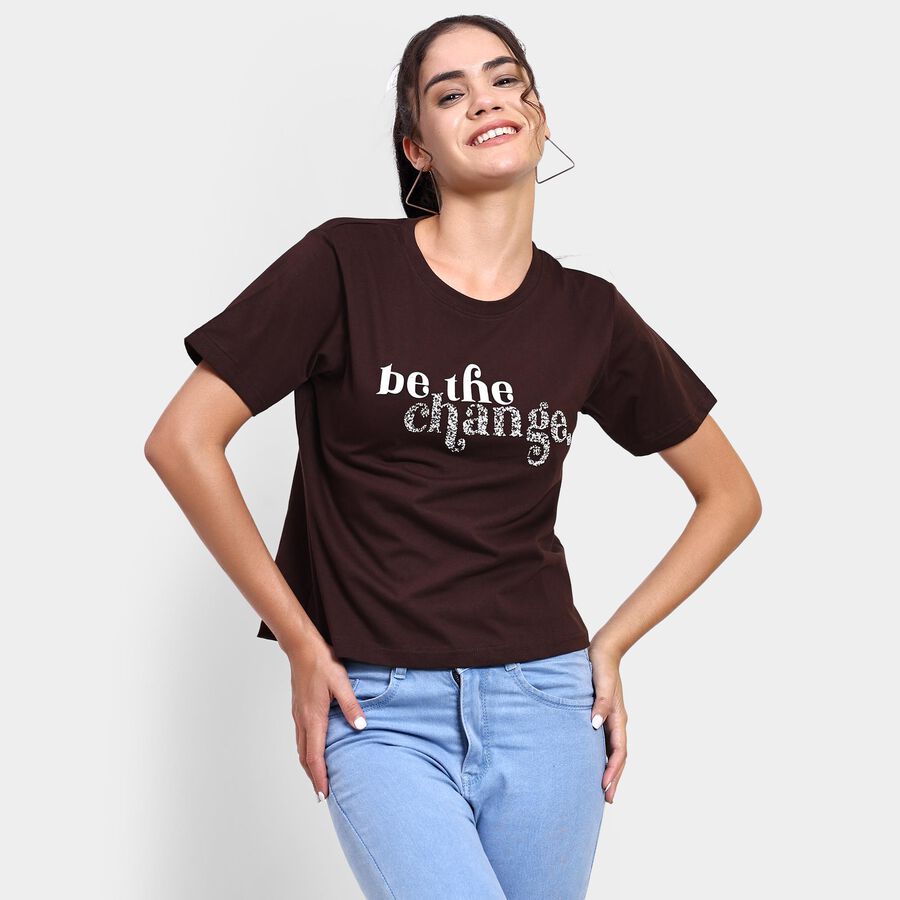 Ladies' 100% Cotton Round Neck T-Shirt , Brown, large image number null