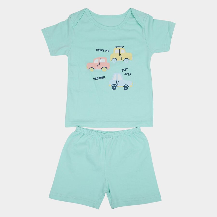 Infants' Light Green Cotton Round Neck Car Print Baba Suit, Light Green, large