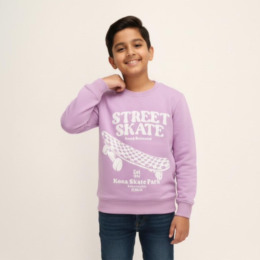 Boys Light Purple Crew Neck Graphic Sweatshirt, लाइलेक, large image number null