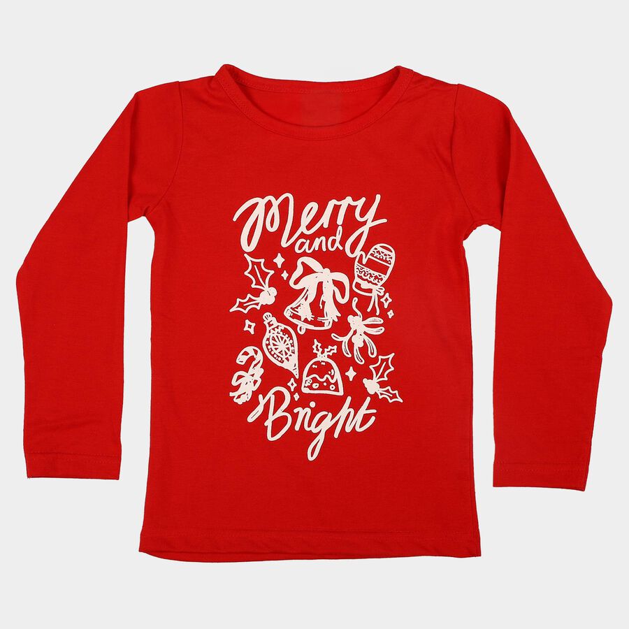 Girls Red Round Neck Regular Top, Red, large