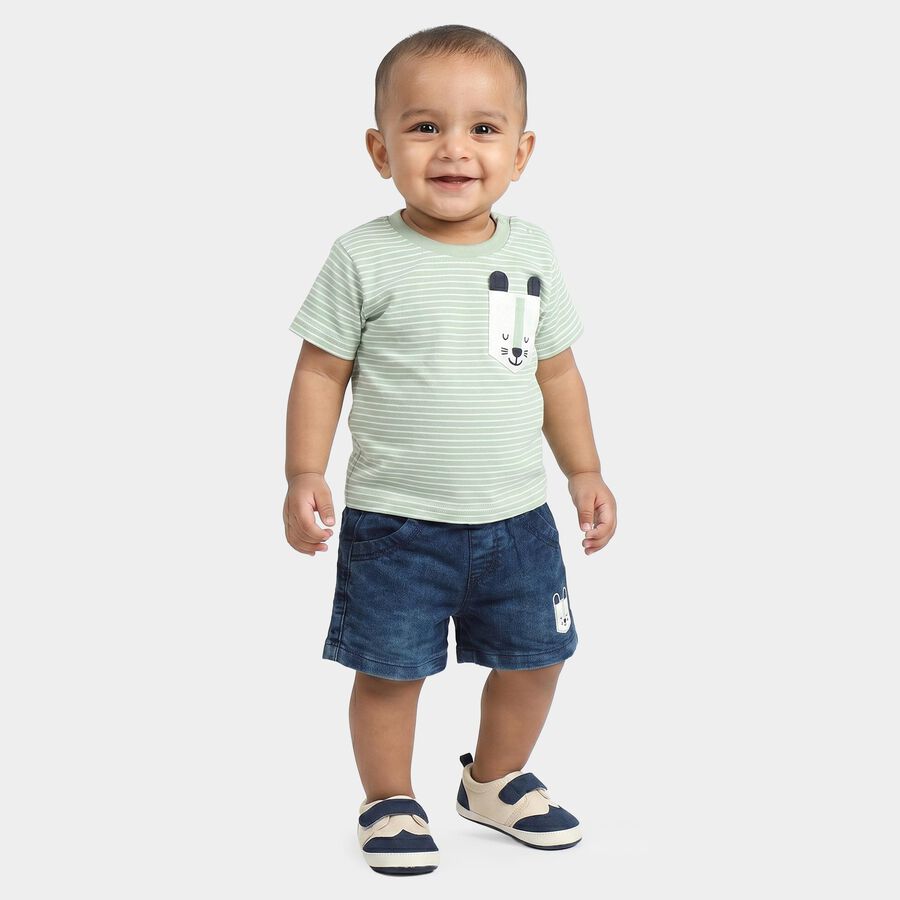 Infants' Mint Green 100% Cotton Round Neck Striped Baba Suit, Light Green, large