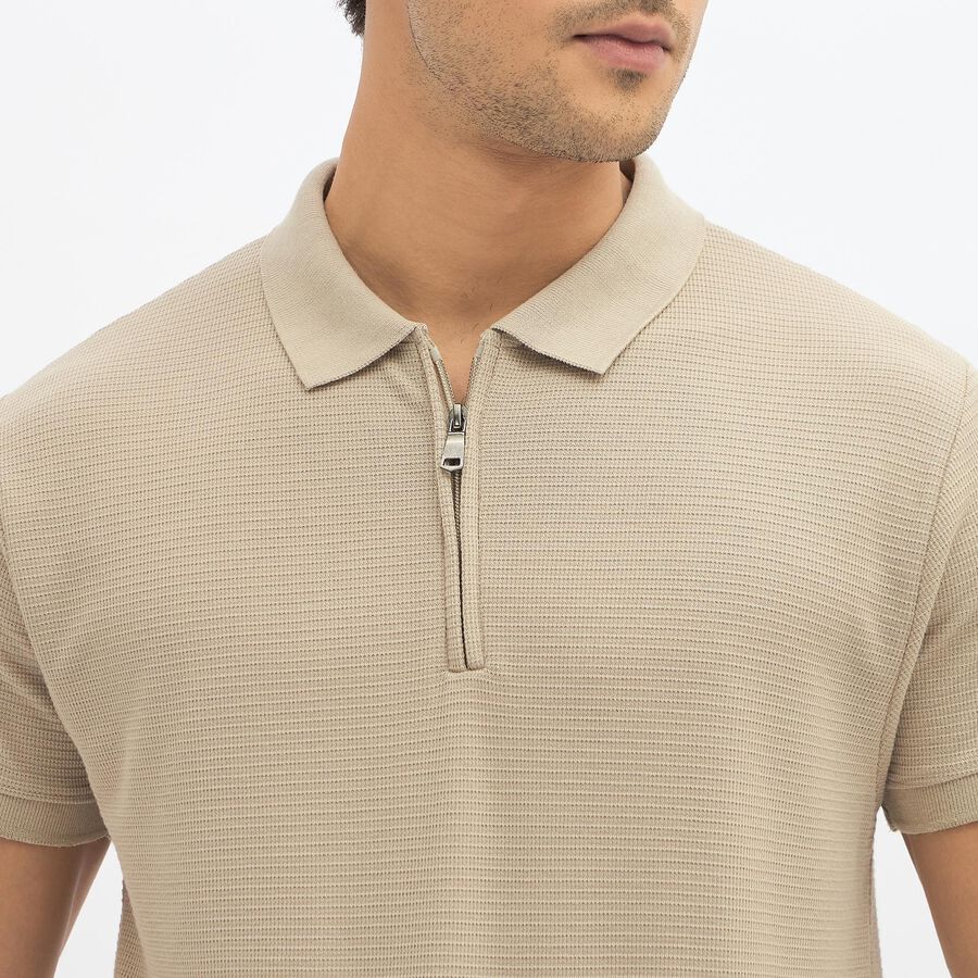 Men's Muted Beige Polo Neck Casual T-Shirt, Beige, large