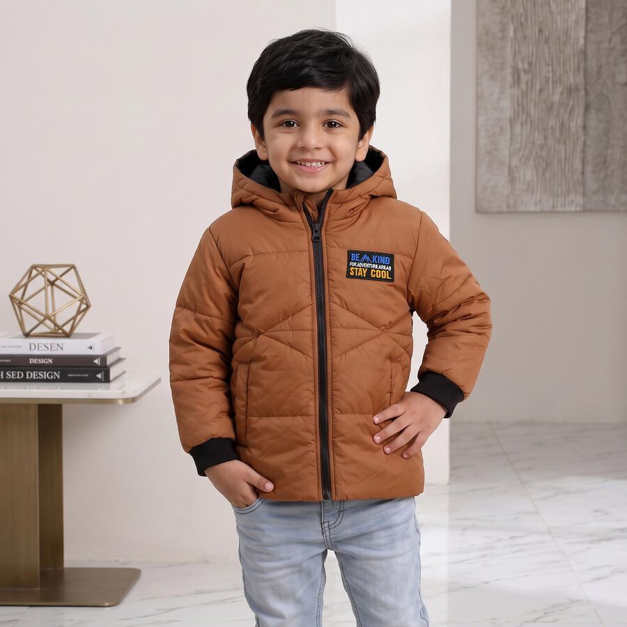 Boys Brown Hooded Puffer Jacket, Brown, large
