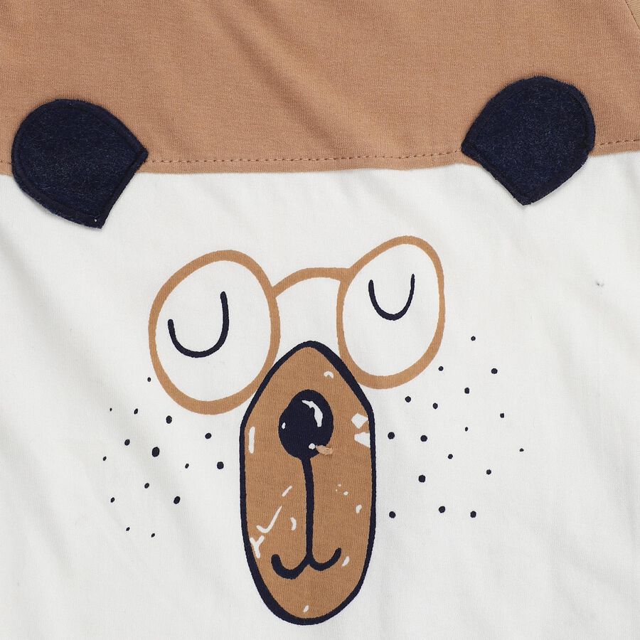 Infants' Beige Cotton Round Neck Bear Print Baba Suit, Beige, large