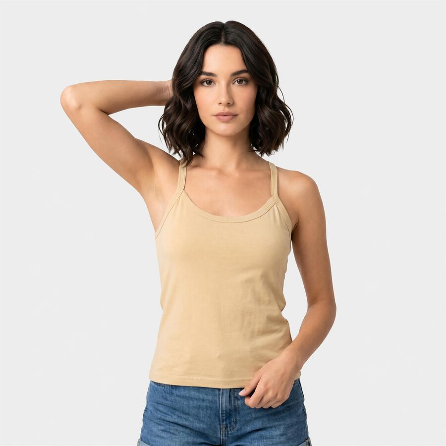 Women's Beige Cotton Scoop Neck Camisole Slip, Beige, large