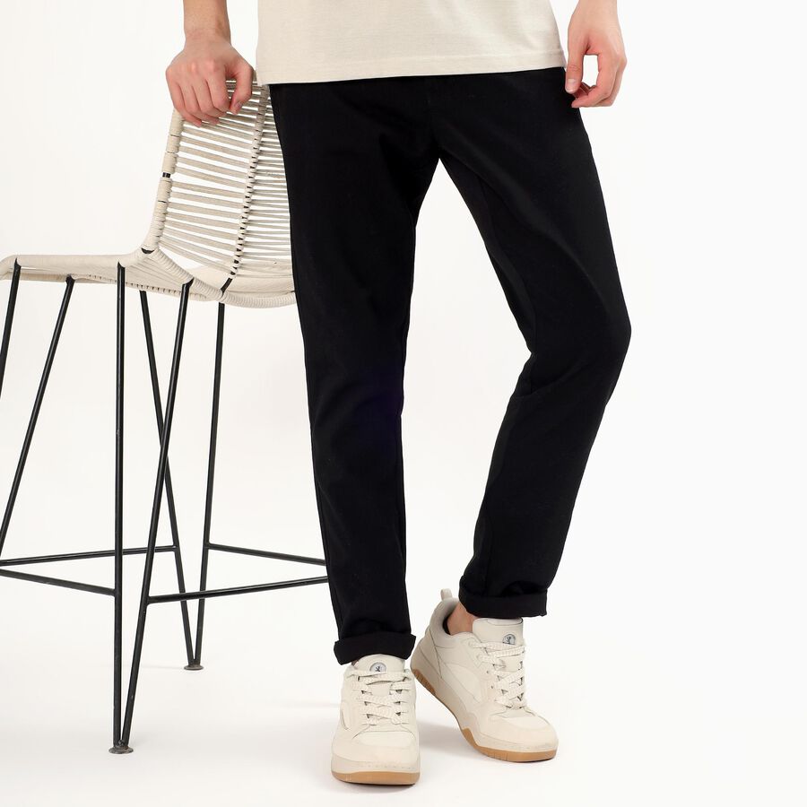 Men's Jet Black Slim Fit Flat-Front Casual Trousers, Black, large