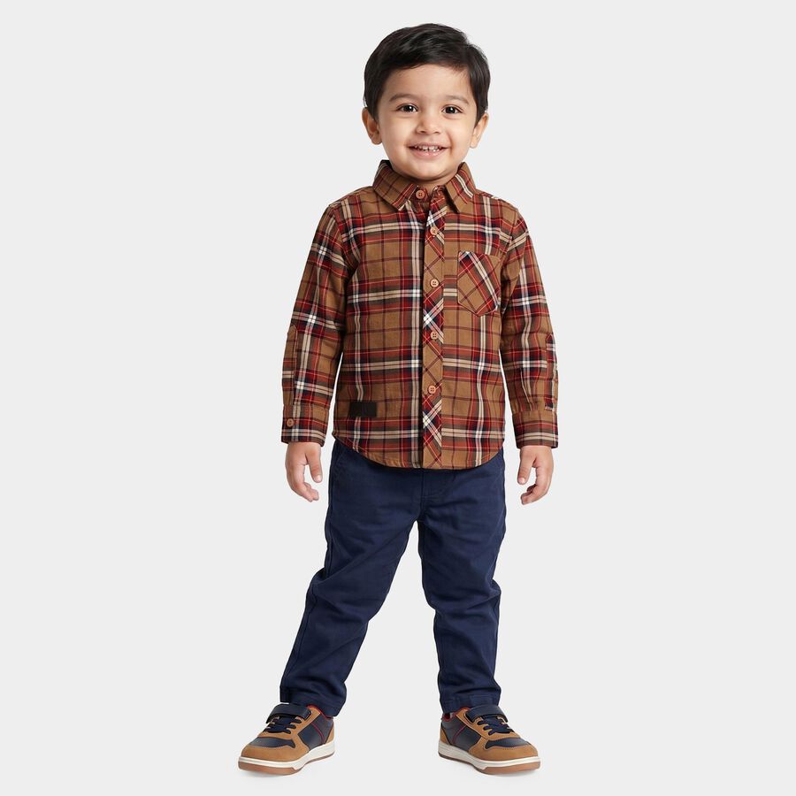 Boys Brown Cotton Long Sleeve Collar Regular Fit Shirt, भूरा, large