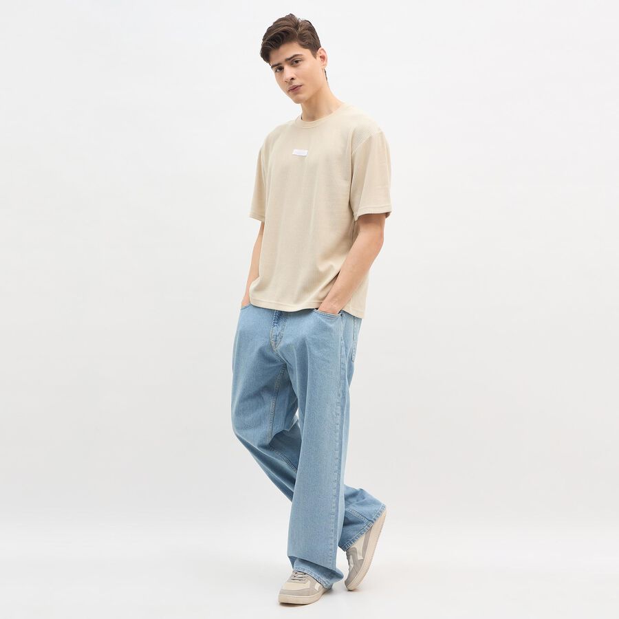 Men's Light Beige Round Neck Casual T-Shirt, Beige, large