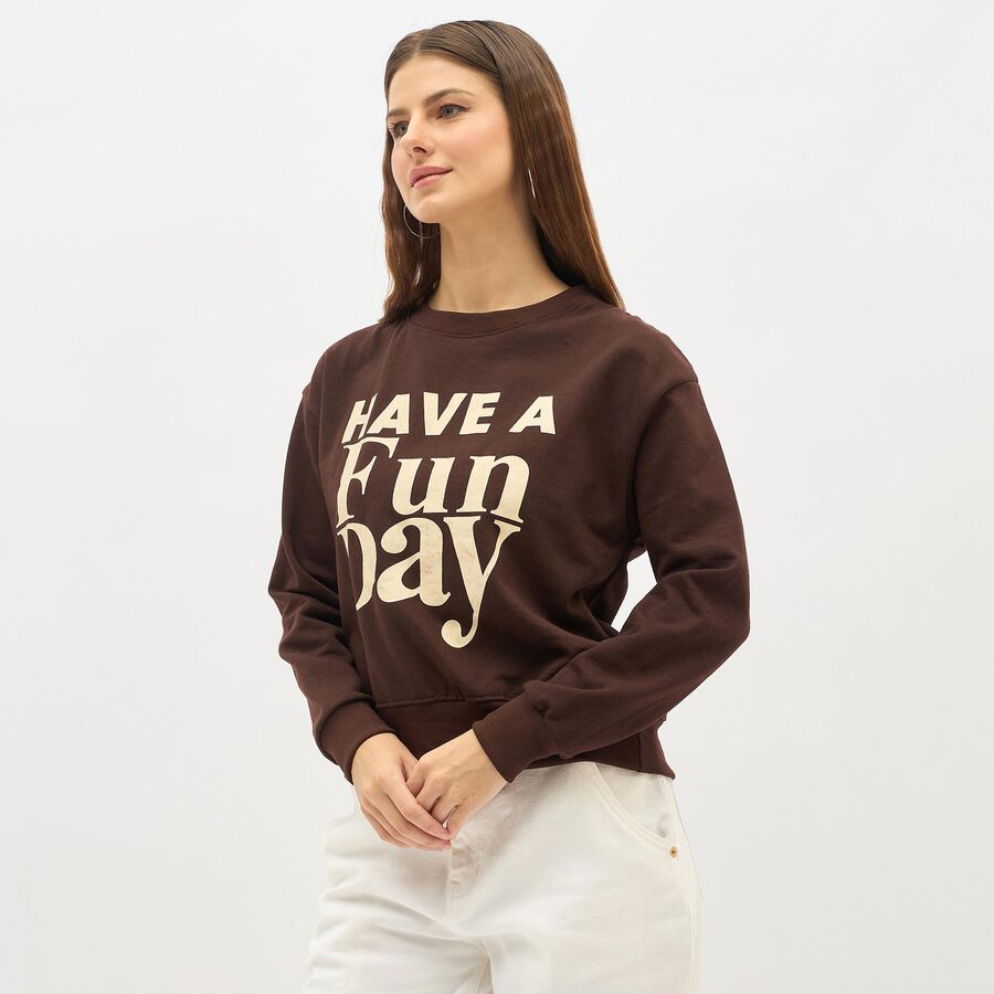 Women's Dark Chocolate Brown Crew Neck Graphic Sweatshirt, भूरा, large image number null