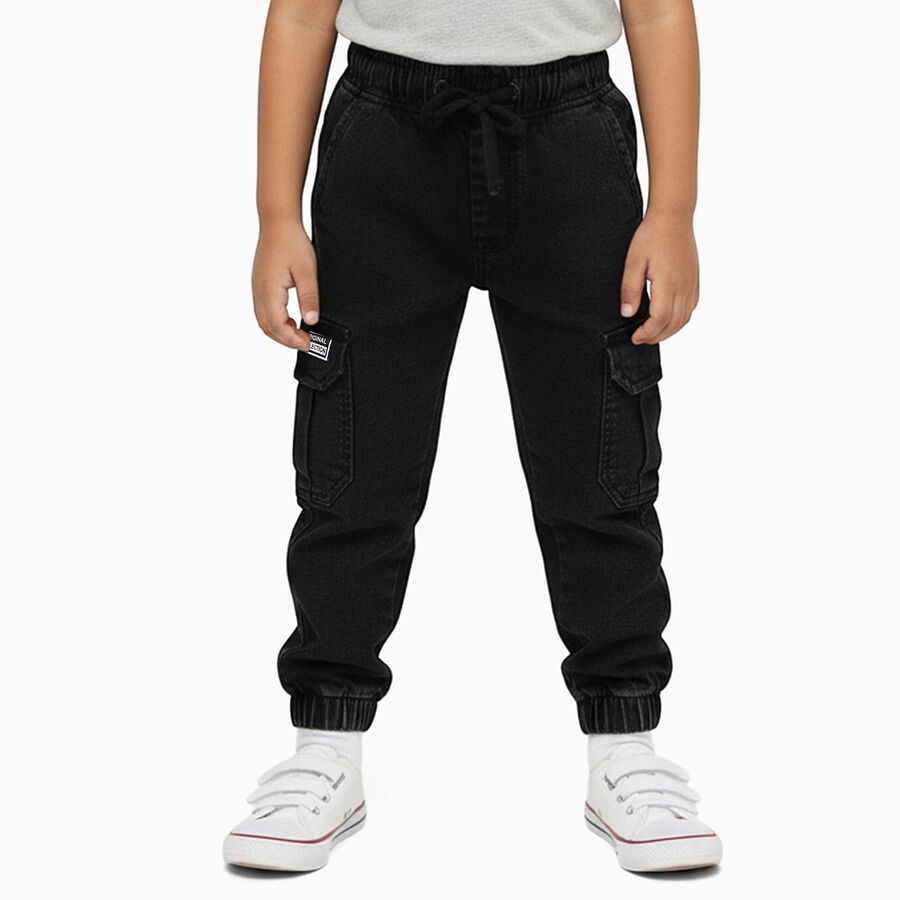Boys Jet Black Regular Fit Cargo Jeans, काला, large image number null