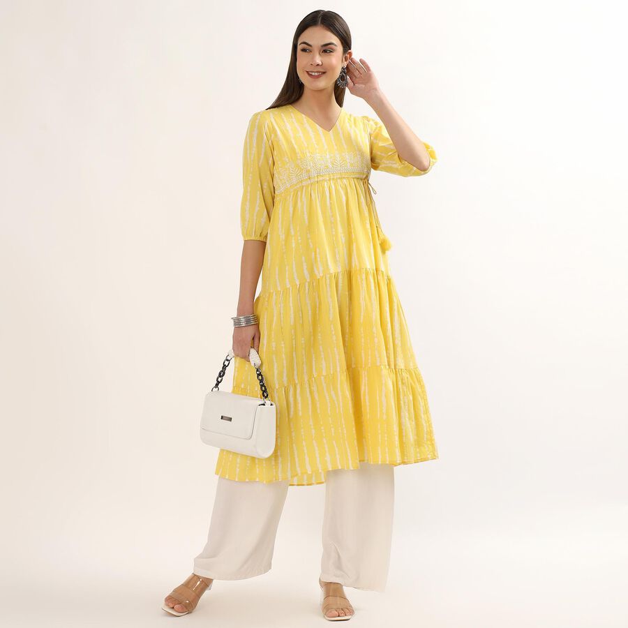 Women's Yellow Cotton Round Neck Straight Kurta, Yellow, large