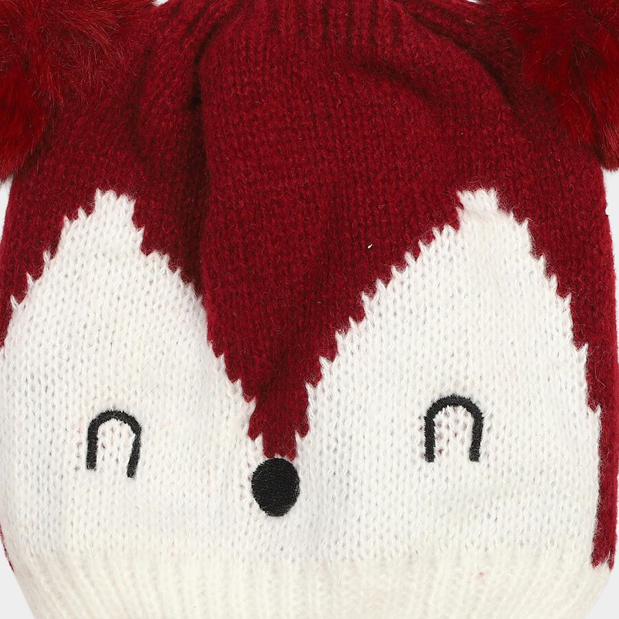 Girls' Maroon Fox Motif Beanie Cap, Wine, large