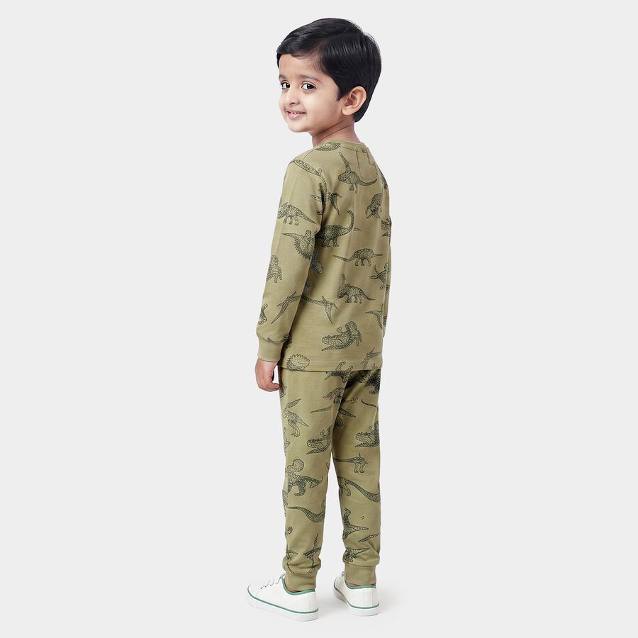 Boys Olive Green Cotton Round Neck Dinosaur Printed Baba Suit, Olive, large