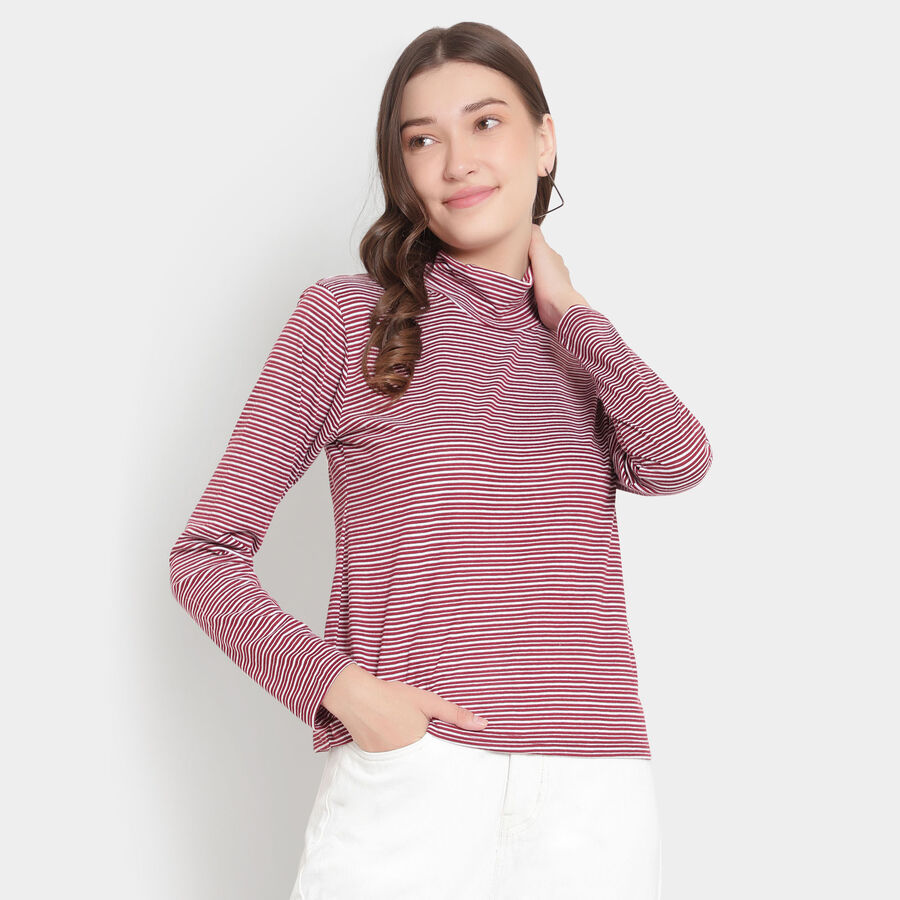 Stripes Round Neck Top, Wine, large image number null