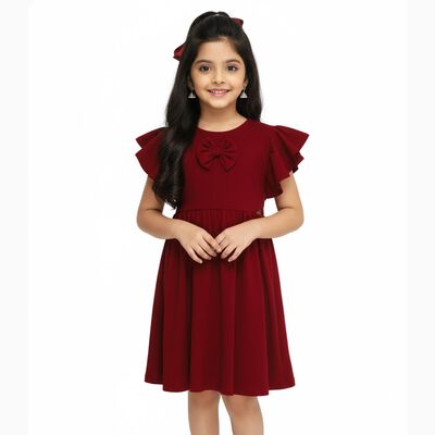 Girls Rich Maroon Bow Detail Ruffle Sleeve Dress