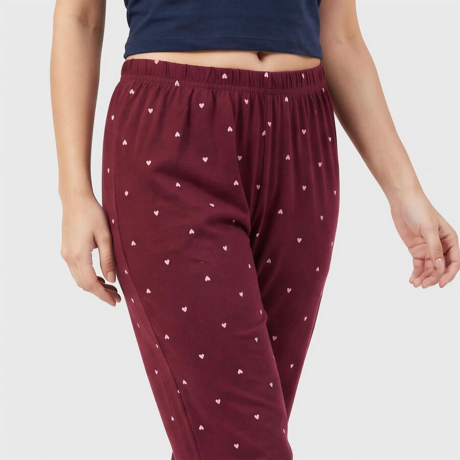 Women's Wine Straight Fit Heart Printed Lounge Pyjama, वाइन, large