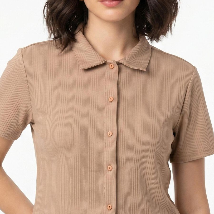 Women Beige Solid Collared Regular Fit Shirt, गहरा पीला, large