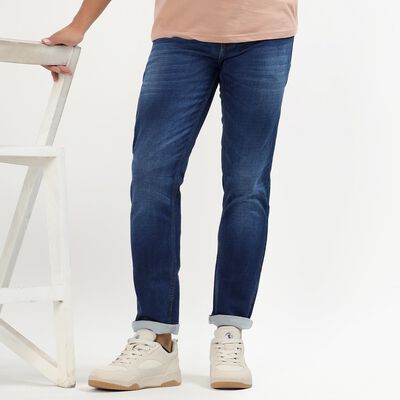 Men's Stonewashed Blue Slim Fit Five-Pocket Jeans
