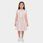 Girls' Multicolour Striped Flutter Sleeve Fit and Flare Frock, Off White, small
