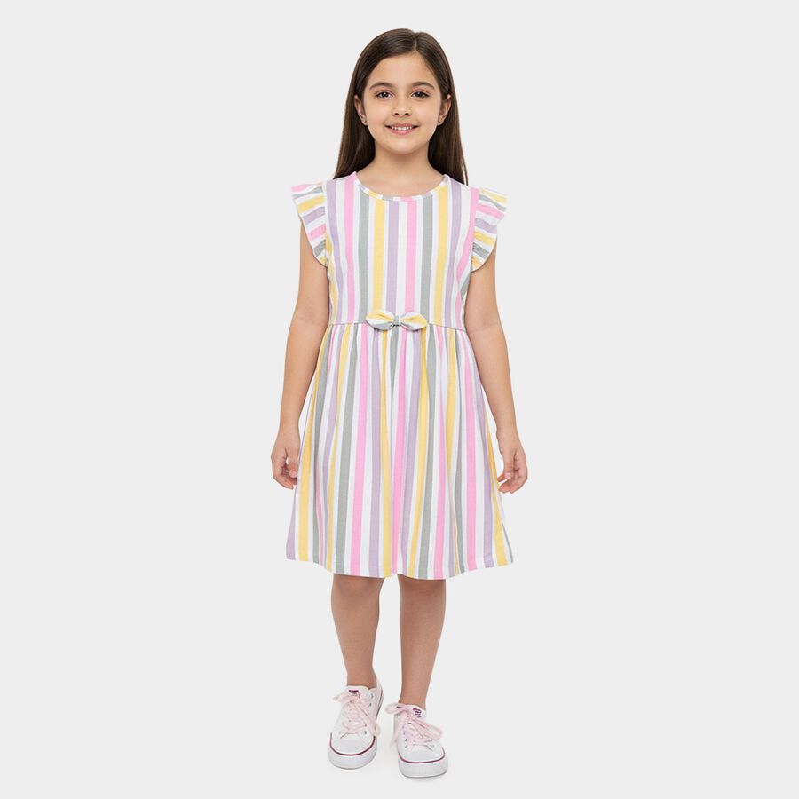 Girls' Multicolour Striped Flutter Sleeve Fit and Flare Frock, Off White, large