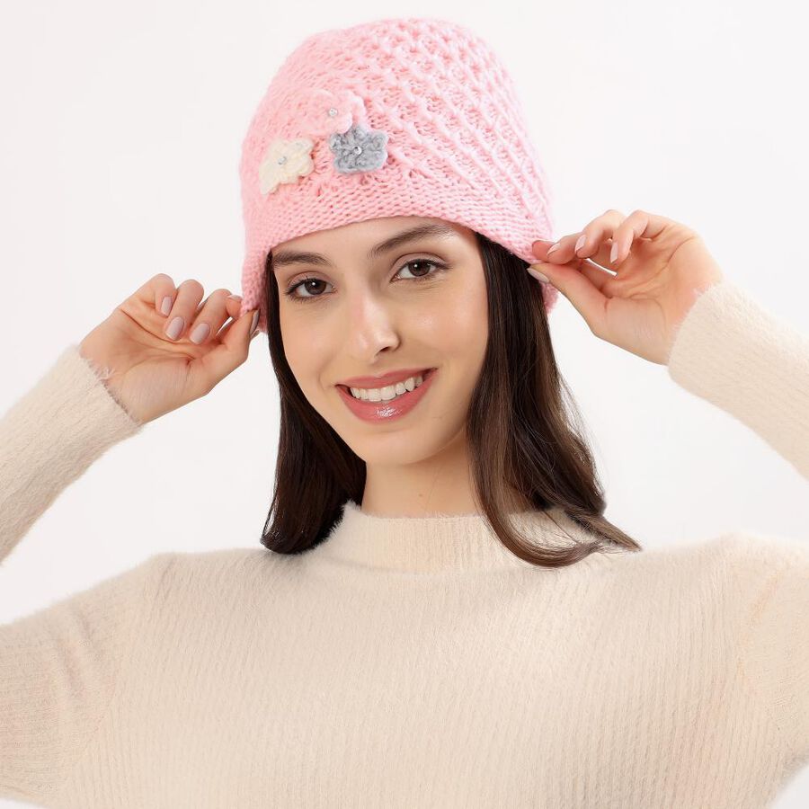 Women's Soft Pink Floral Embellished Knitted Cap, Light Pink, large image number null