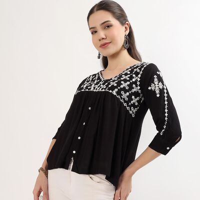 Women's Jet Black V-Neck Embroidered Kurti