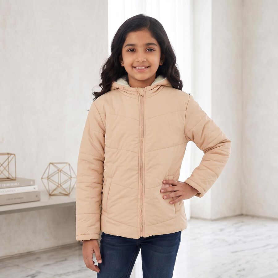 Girls' Pink Hooded Puffer Jacket, गुलाबी, large