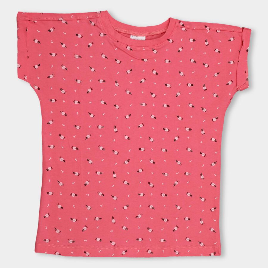 Girls' Bright Pink Cotton Crew Neck Short Sleeve T-Shirt, Pink, large image number null