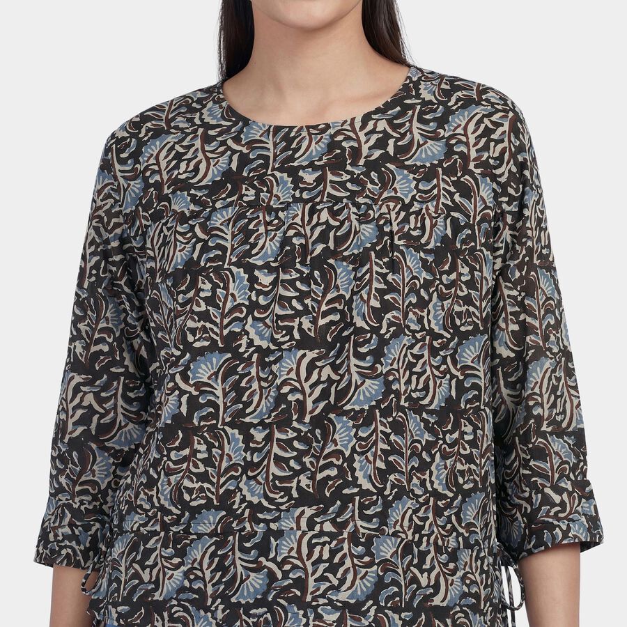 Women's Brown Round Neck Floral Printed Kurti, भूरा, large