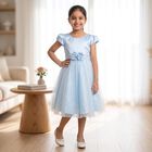 Girls' Light Blue Fit and Flare Rosette Waist Party Wear Frock, हल्का नीला, small