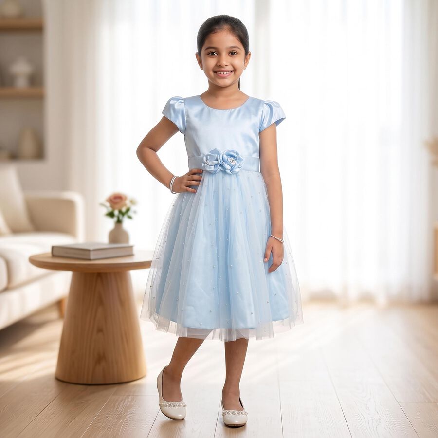 Girls' Light Blue Fit and Flare Rosette Waist Party Wear Frock, हल्का नीला, large