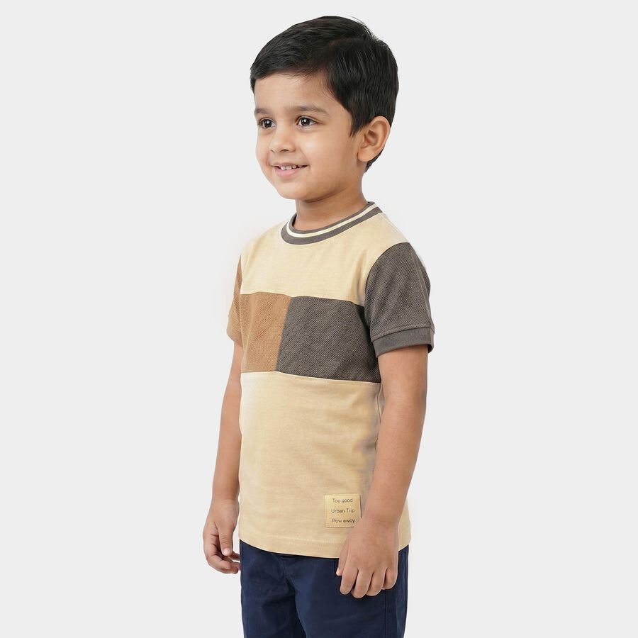 Boys Beige Cotton Crew Neck Regular Boys T-Shirt, Beige, large
