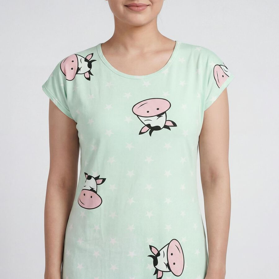 Women's Light Green Round Neck Graphic Print Nighty, Light Green, large