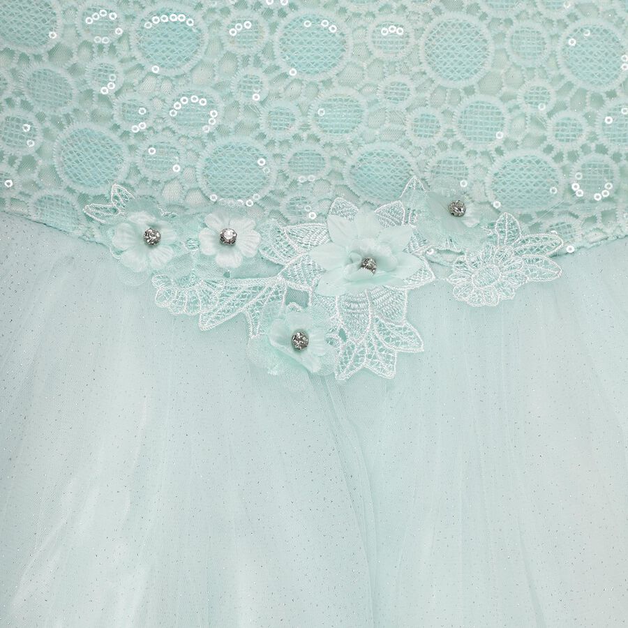 Girls' Soft Aqua Lace Overlay Party Frock, Light Green, large image number null