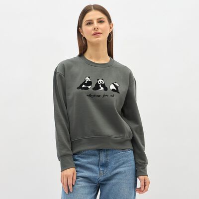 Women's Dark Green Crew Neck Casual Sweatshirt