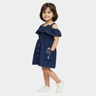 Girls' Deep Indigo Blue Regular Fit Cold Shoulder Embroidered Frock, Dark Blue, small
