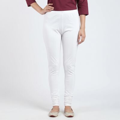 Women's White Cotton Blend Elastic Waist Stretch Churidar