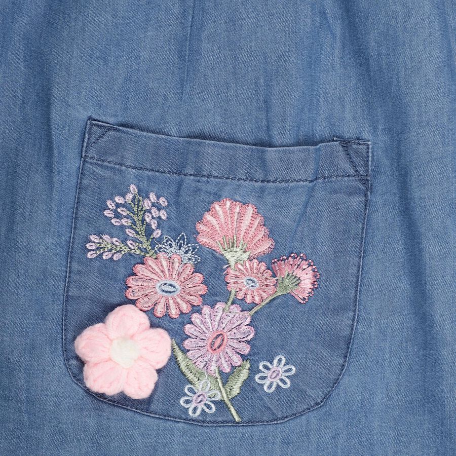 Girls' Light Denim Blue Embroidered A-Line Frock, मध्यम नीला, large image number null
