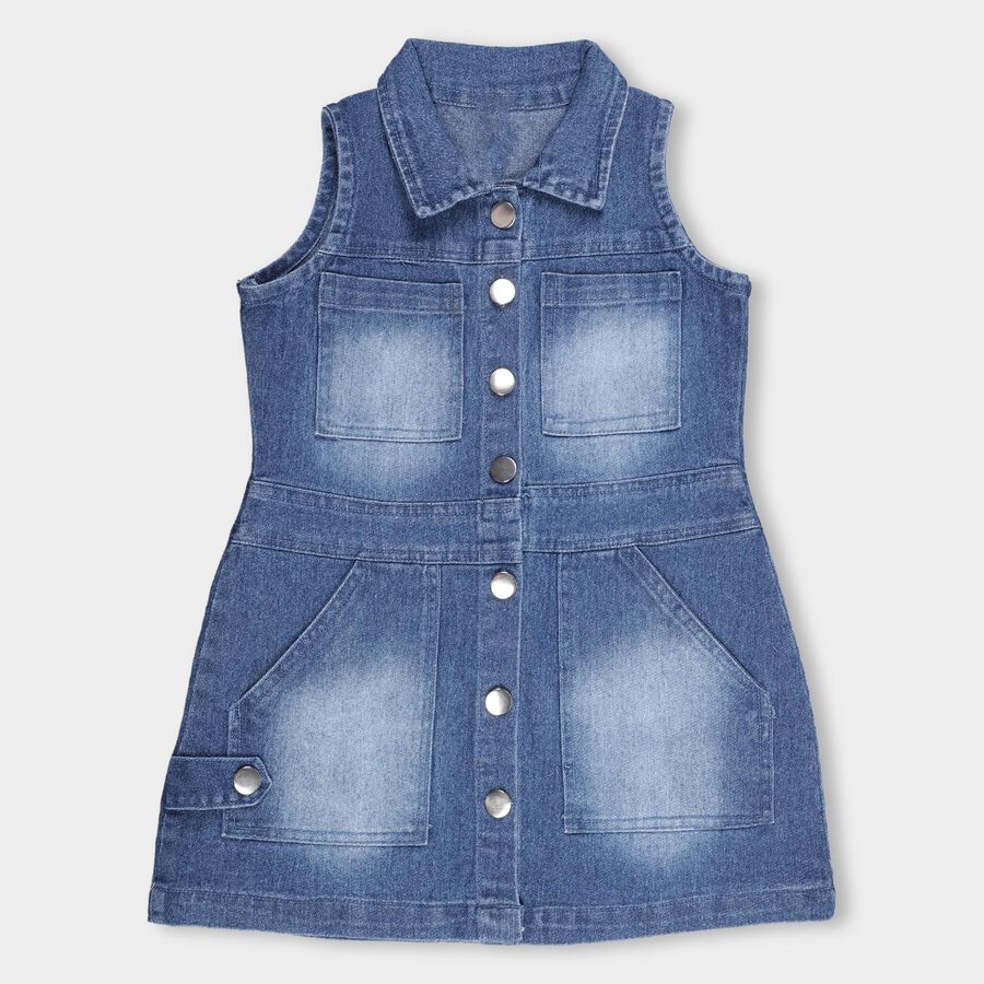 Girls' Light Washed Blue Sleeveless Denim Frock, मध्यम नीला, large image number null