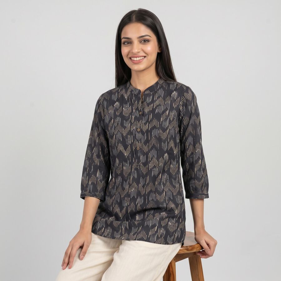 Women's Dark Grey Mandarin Collar Printed Kurti, गहरा ग्रे, large