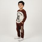 Boys' Dark Chocolate Brown and Cream White Cotton Graphic Printed Baba Suit, Off White, small image number null