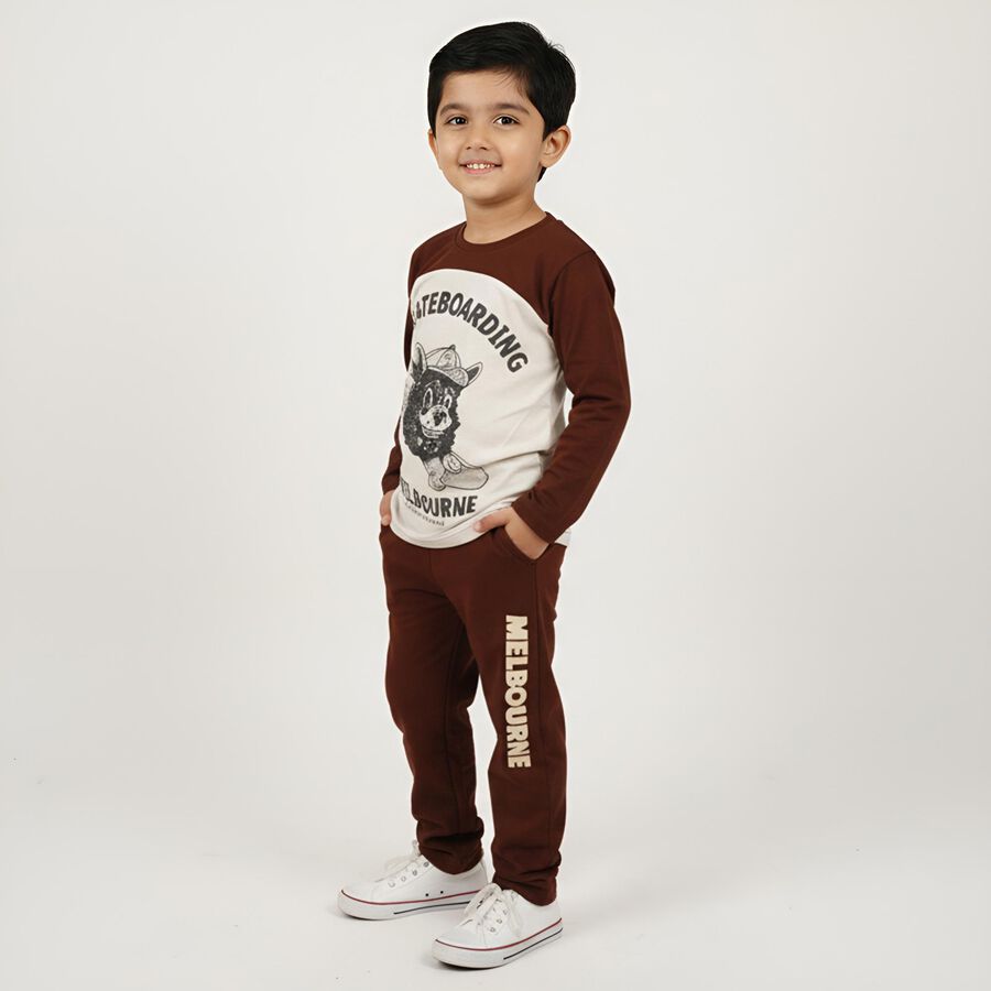 Boys' Dark Chocolate Brown and Cream White Cotton Graphic Printed Baba Suit, Off White, large image number null
