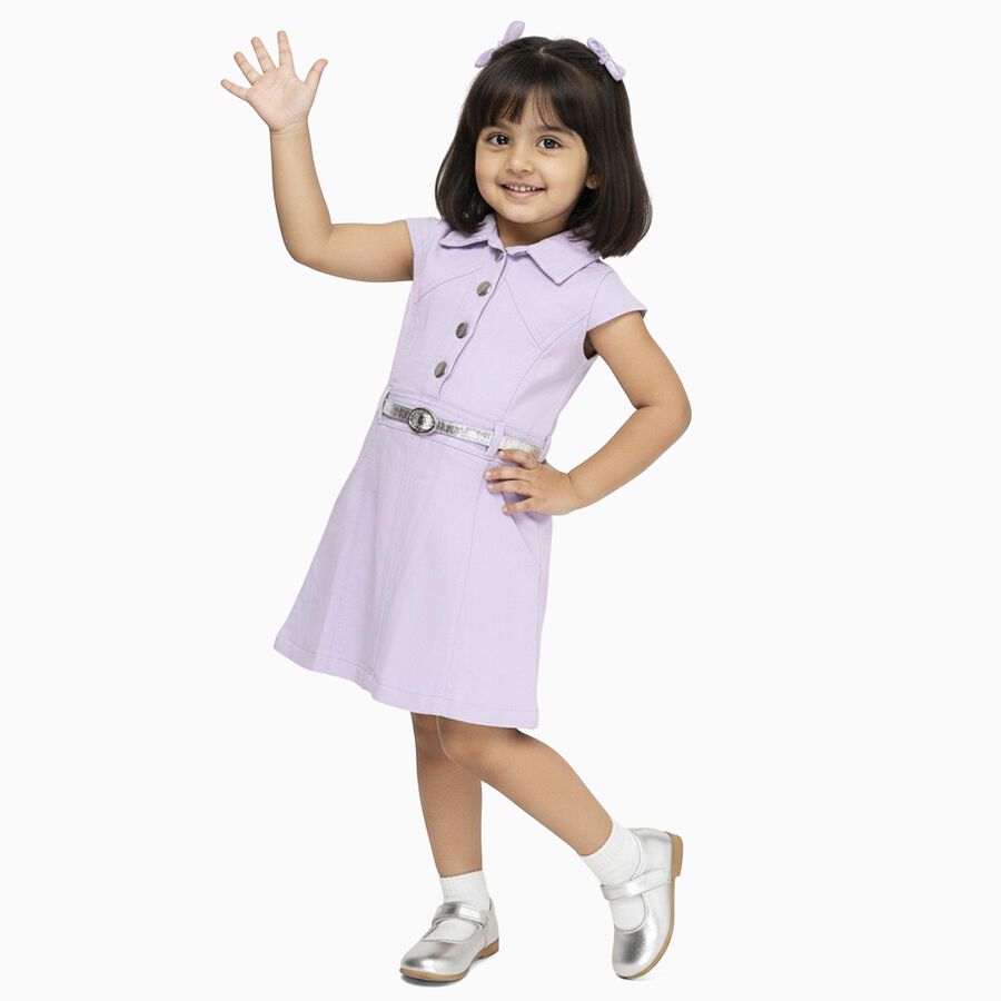 Girls' Lavender Collared A-Line Belted Frock, Purple, large image number null