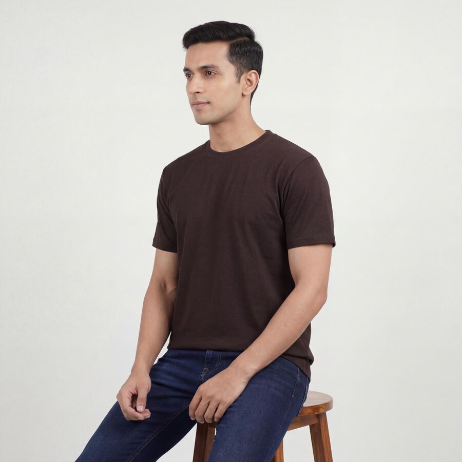 Men's Brown Cotton Round Neck Casual T-Shirt, भूरा, large