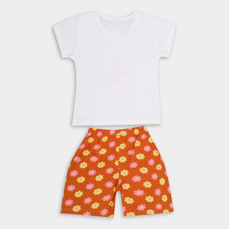 Girls' White Cotton Round Neck Cat Graphic Baba Suit, White, large image number null